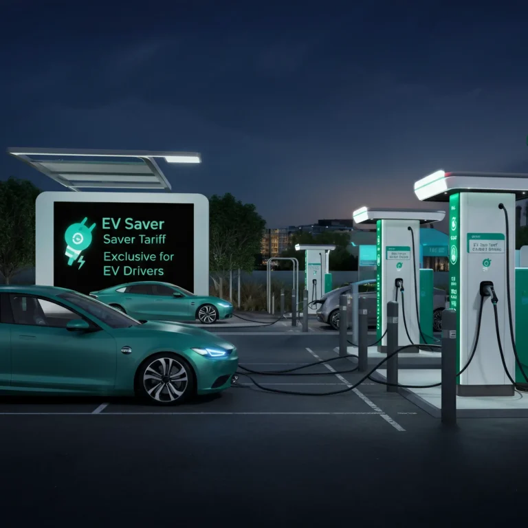 2 green electric vehicles charging at night in a public ev charging station with sign advertising Octopus Energy EV tariff called Octopus GO