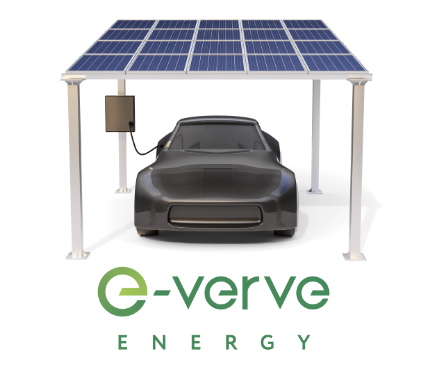 Bifacial solar panels installed over a car port with EV charging powered by the bifacial solar panels