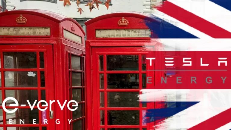 tesla energy logo on union jack flag to the right with 2 red post boxes to the left
