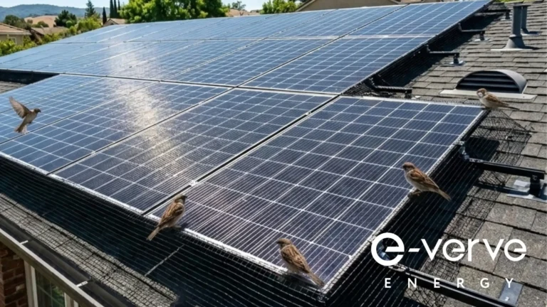 solar panel bird proofing installed on roof panels surrounded by birds